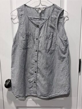 Ellen Tracy Linen Striped Sleeveless Top M Button Front Pocket Tank Coastal